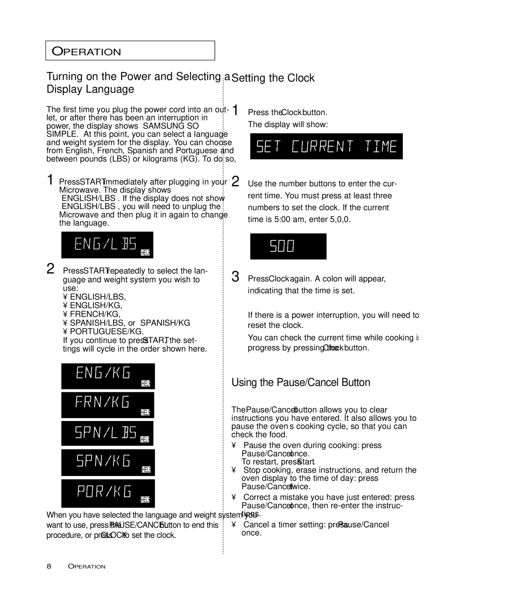 Samsung MB7697G Turning on the Power and Selecting a Display Language, Setting the Clock, Using the Pause/Cancel Button 