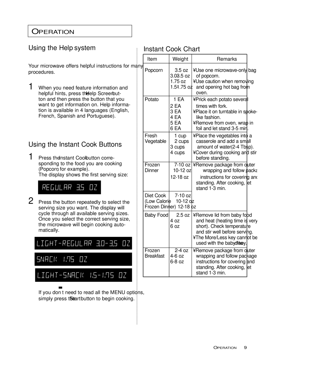 Samsung MB7696W, MB7697G manual Using the Help system, Using the Instant Cook Buttons, Instant Cook Chart, Weight Remarks 