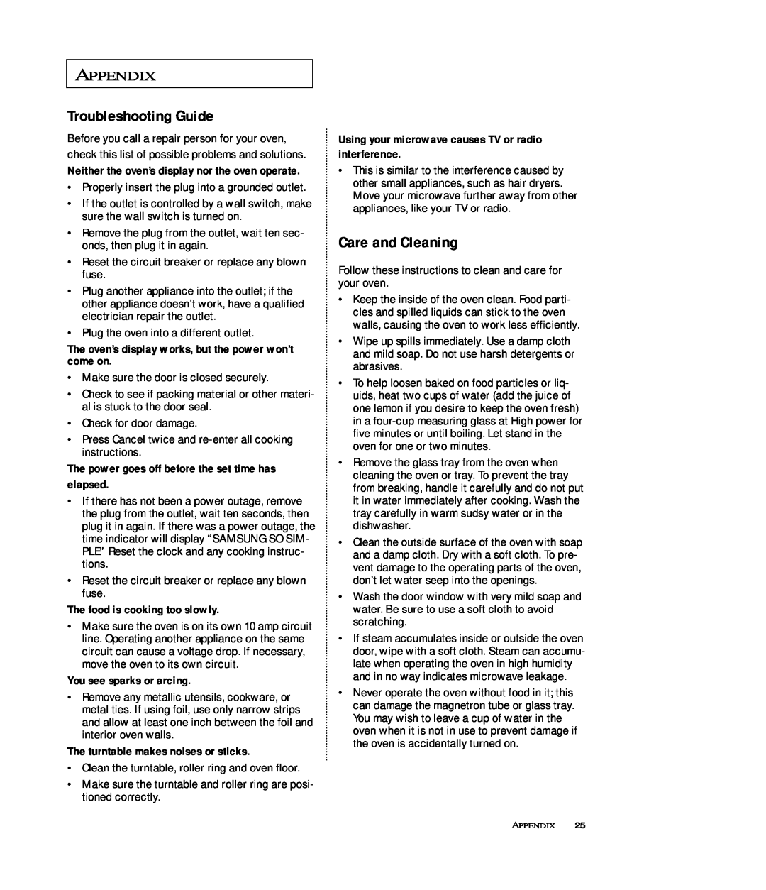 Samsung MB7696W, MB7697G manual Troubleshooting Guide, Care and Cleaning, Appendix 