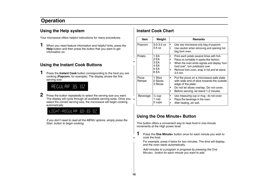 Samsung MC1015 Using the Help system, Using the Instant Cook Buttons, Instant Cook Chart, Using the One Minute+ Button 