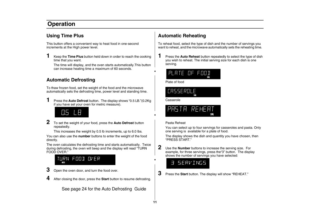 Samsung MC1015 owner manual Using Time Plus, Automatic Defrosting, Automatic Reheating 