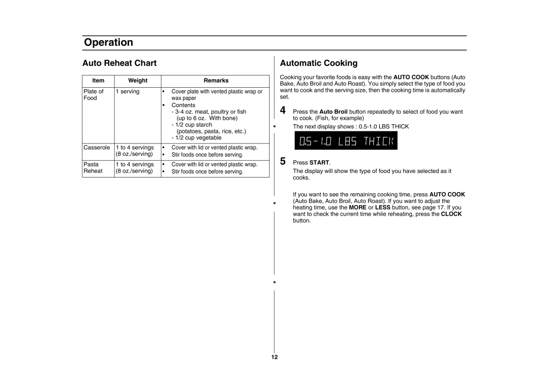 Samsung MC1015 owner manual Auto Reheat Chart, Automatic Cooking 