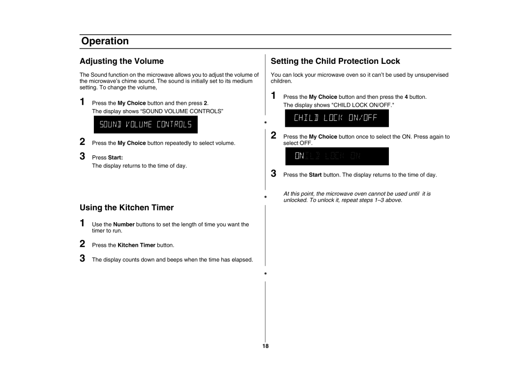 Samsung MC1015 owner manual Adjusting the Volume, Setting the Child Protection Lock, Using the Kitchen Timer 