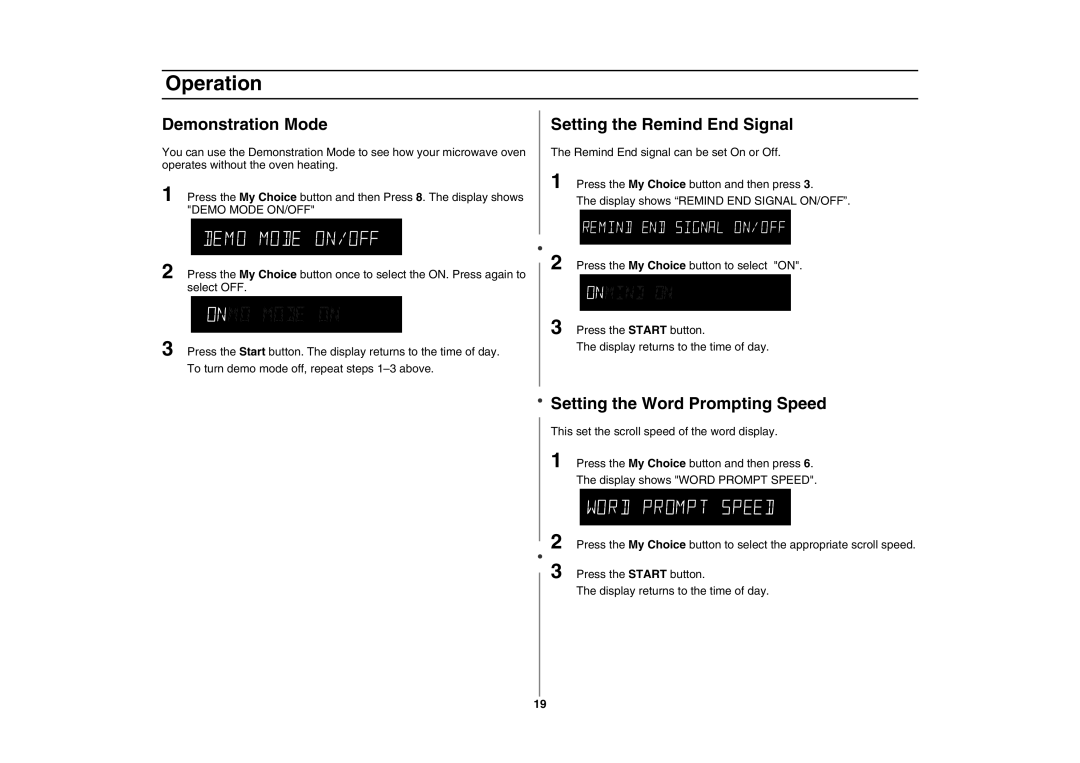 Samsung MC1015 owner manual Demonstration Mode, Setting the Remind End Signal, Setting the Word Prompting Speed 