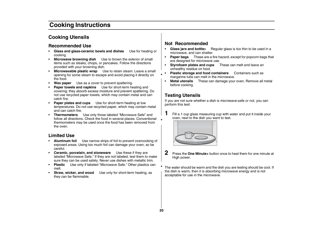 Samsung MC1015 owner manual Cooking Instructions, Cooking Utensils 