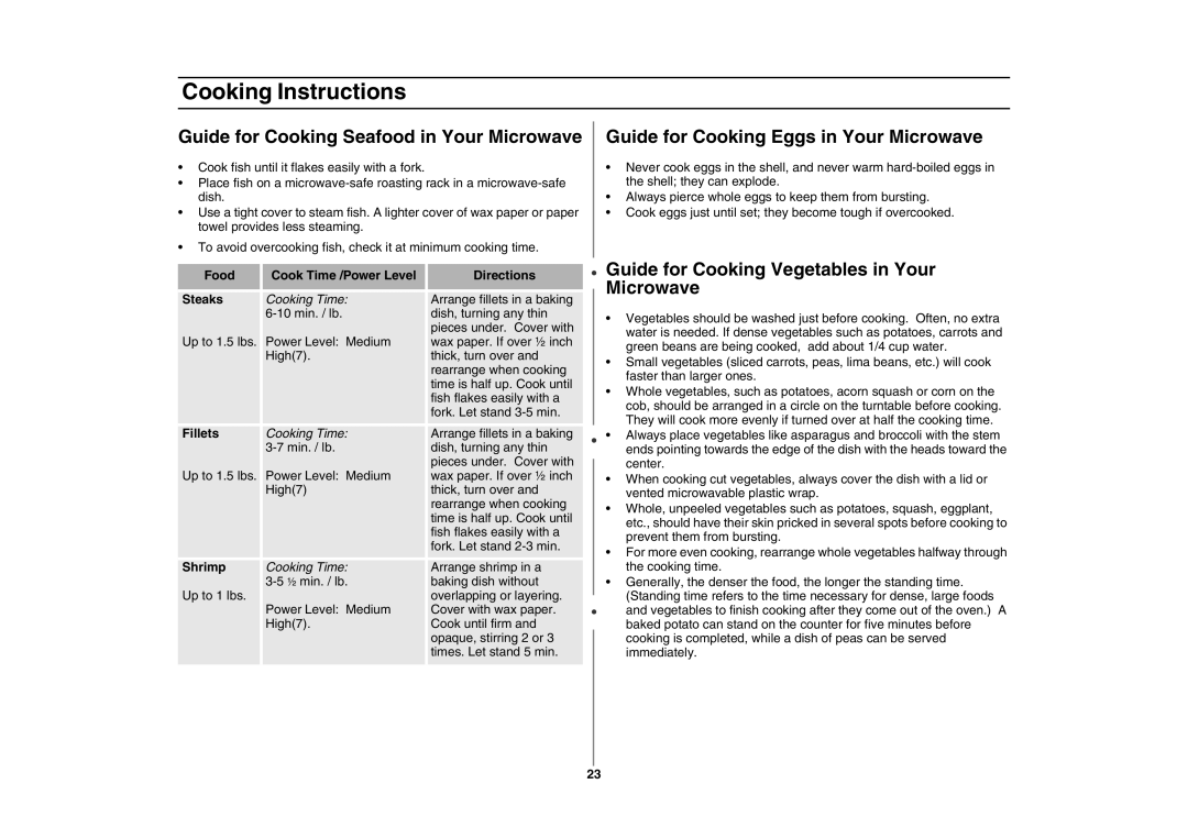 Samsung MC1015 owner manual Guide for Cooking Seafood in Your Microwave, Guide for Cooking Eggs in Your Microwave 