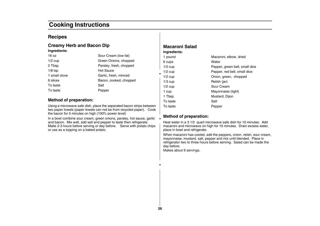 Samsung MC1015 owner manual Creamy Herb and Bacon Dip 