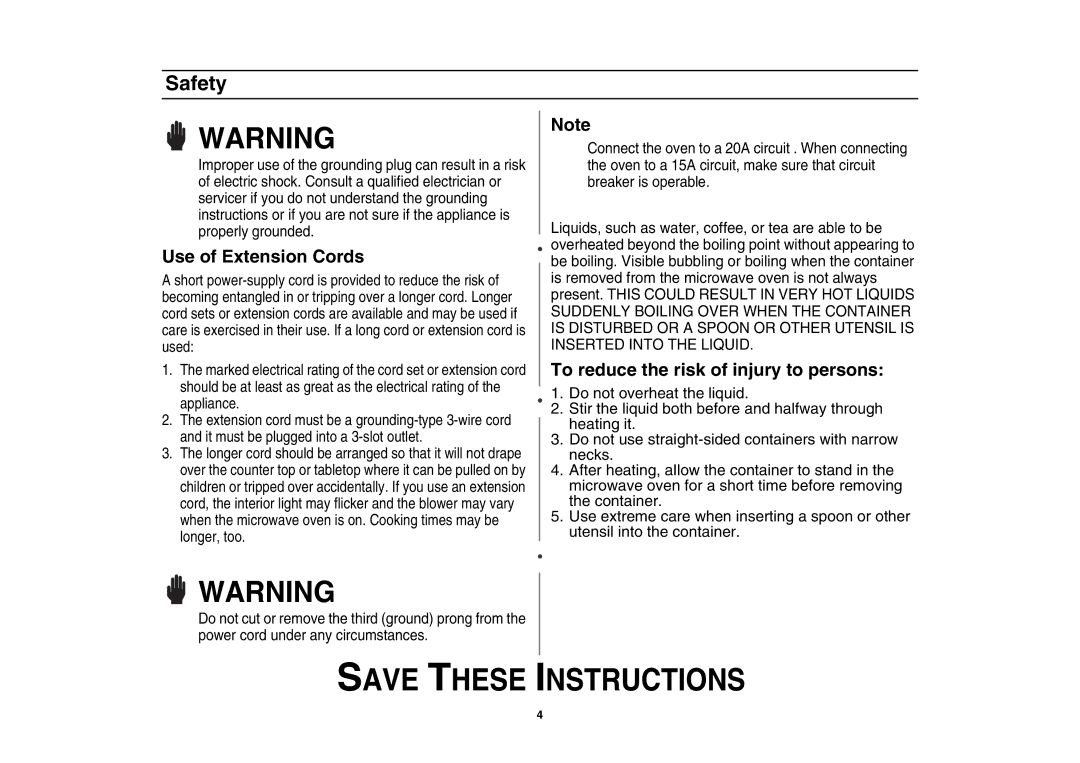 Samsung MC1015 owner manual Use of Extension Cords 