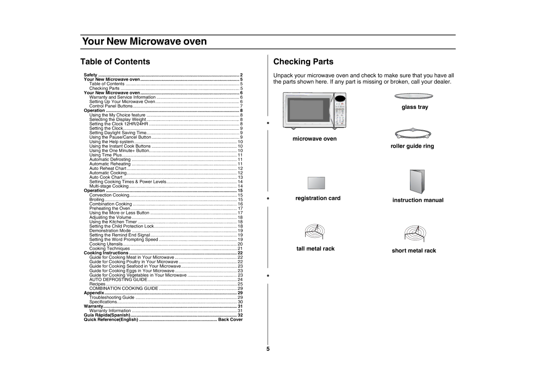 Samsung MC1015 owner manual Your New Microwave oven, Table of Contents, Checking Parts 