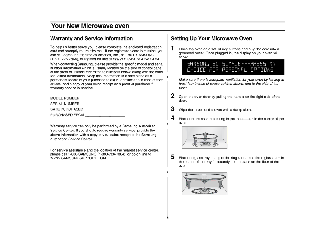 Samsung MC1015 owner manual Warranty and Service Information, Setting Up Your Microwave Oven 