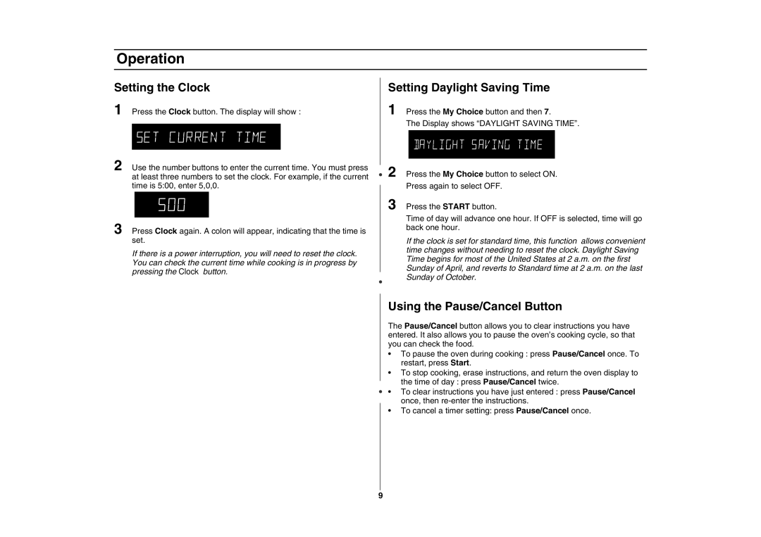 Samsung MC1015 owner manual Setting the Clock, Setting Daylight Saving Time, Using the Pause/Cancel Button 