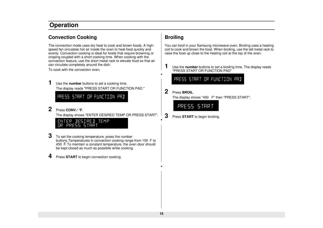 Samsung MC1015WB/BB manual Convection Cooking, Broiling, Press CONV./ F 