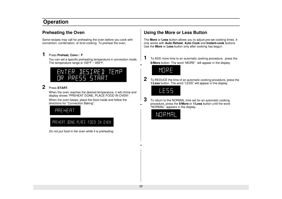 Samsung MC1015WB/BB manual Preheating the Oven, Using the More or Less Button, Press Preheat, Conv./F 