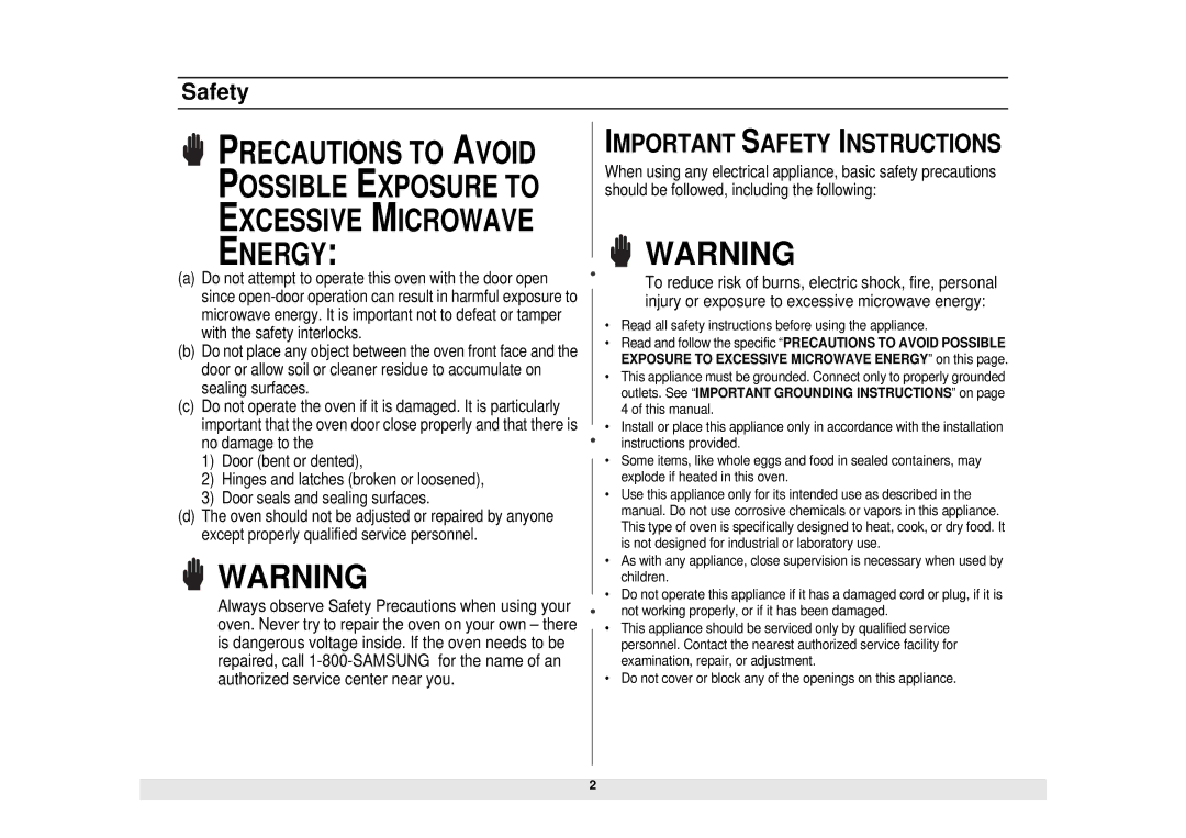 Samsung MC1015WB/BB manual Important Safety Instructions 