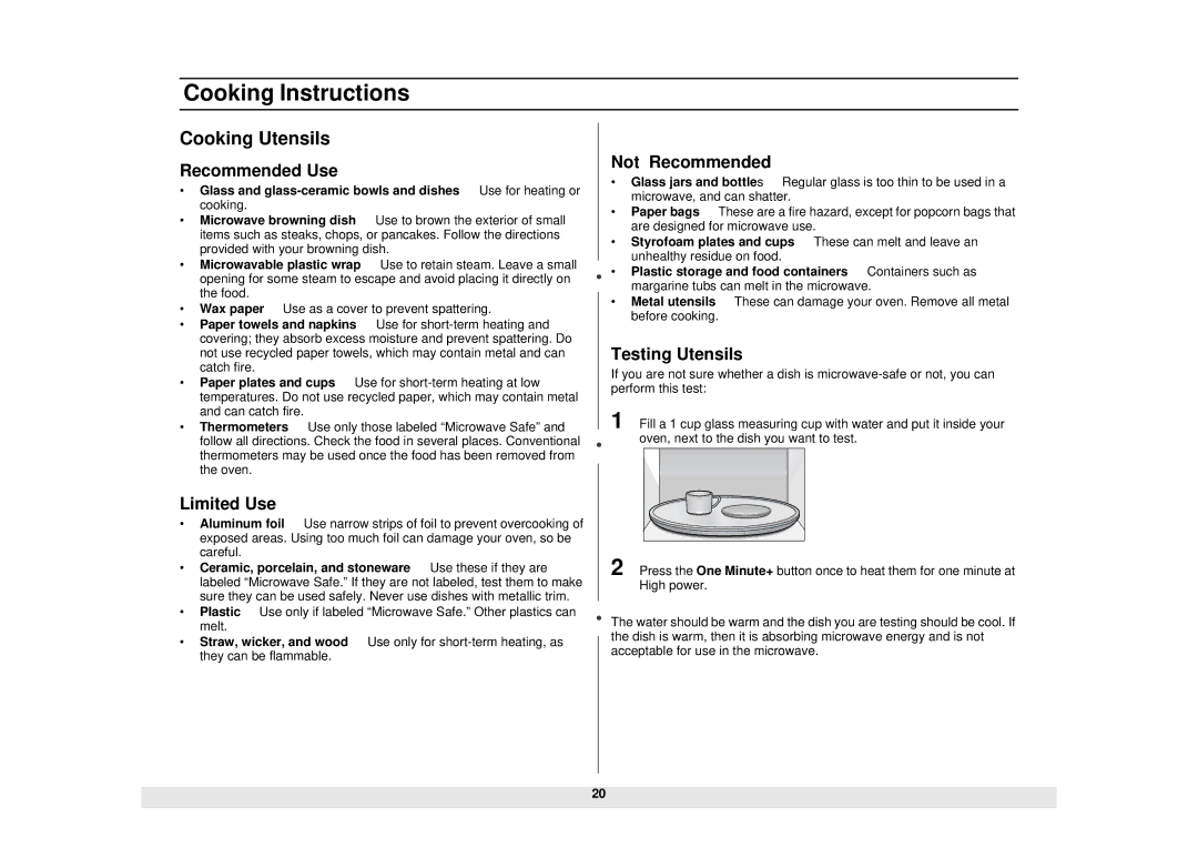 Samsung MC1015WB/BB manual Cooking Instructions, Cooking Utensils 