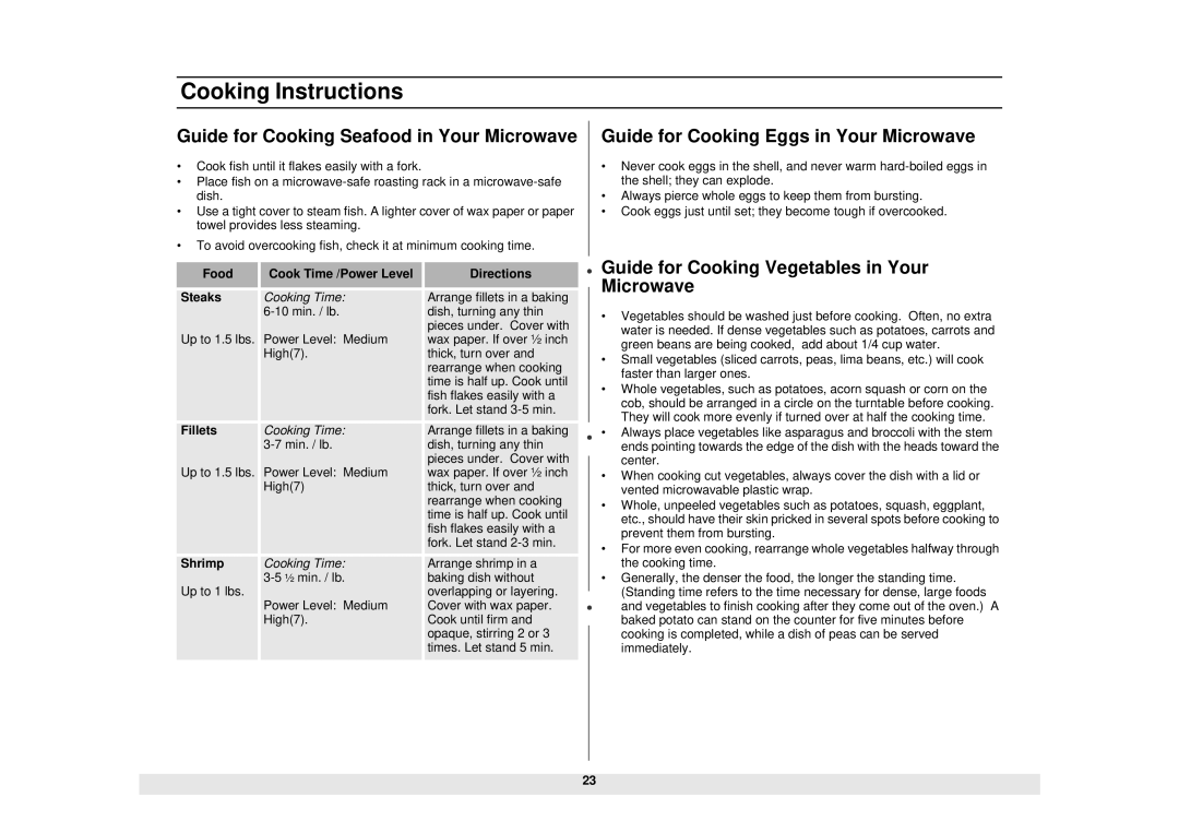 Samsung MC1015WB/BB manual Guide for Cooking Seafood in Your Microwave, Guide for Cooking Eggs in Your Microwave 