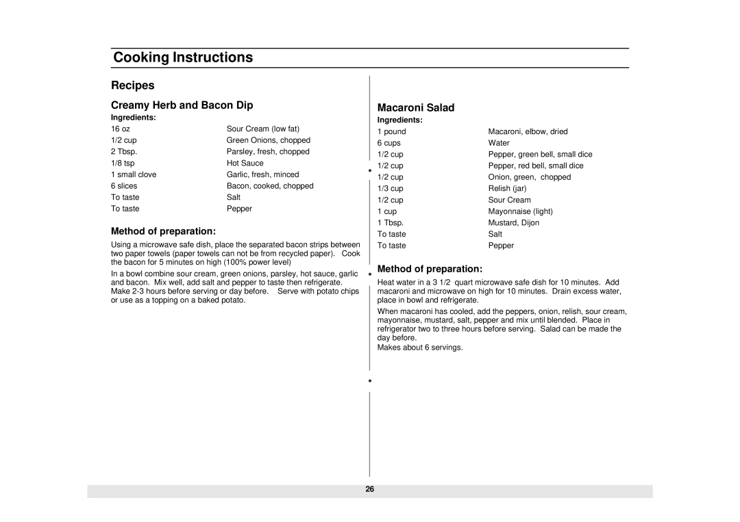 Samsung MC1015WB/BB manual Creamy Herb and Bacon Dip 