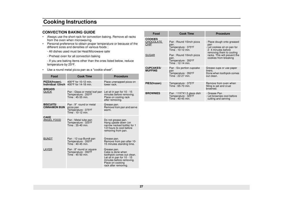 Samsung MC1015WB/BB manual Convection Baking Guide 