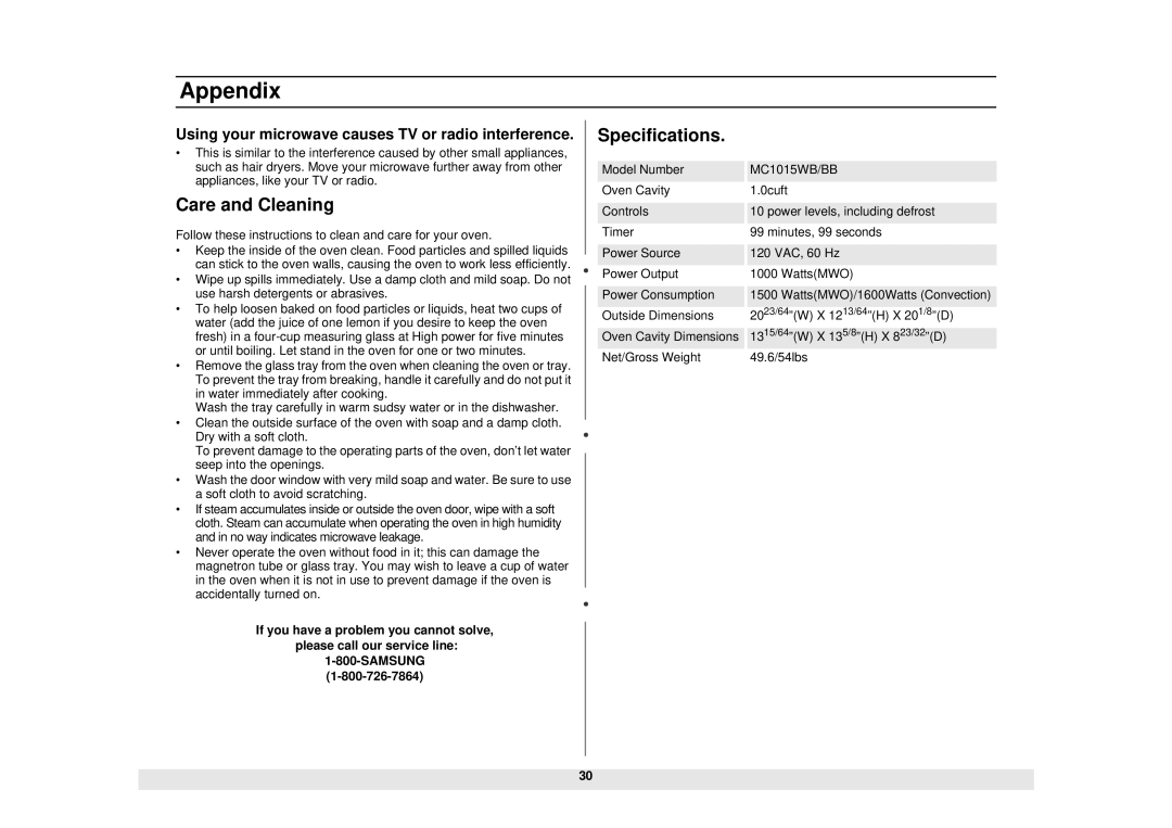 Samsung MC1015WB/BB manual Specifications, Care and Cleaning 