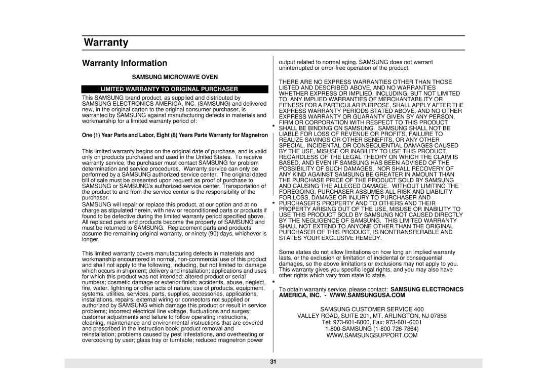 Samsung MC1015WB/BB manual Warranty Information 