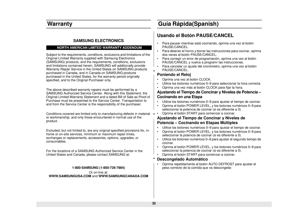 Samsung MC1015WB/BB manual Guía RápidaSpanish, Usando el Botón PAUSE/CANCEL 