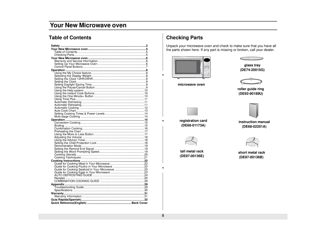 Samsung MC1015WB/BB manual Your New Microwave oven, Table of Contents, Checking Parts 