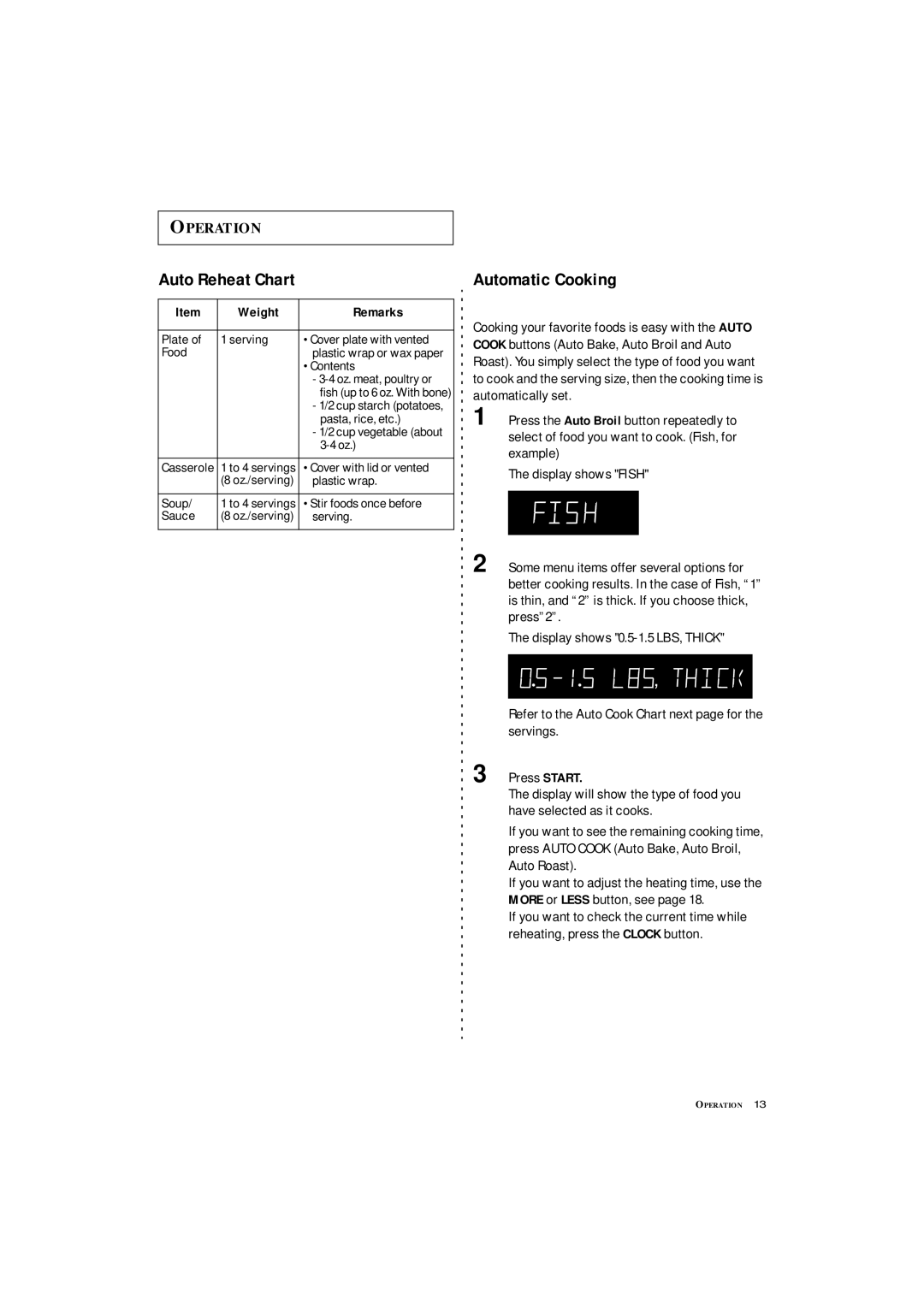 Samsung MC1360WA manual Auto Reheat Chart, Automatic Cooking 