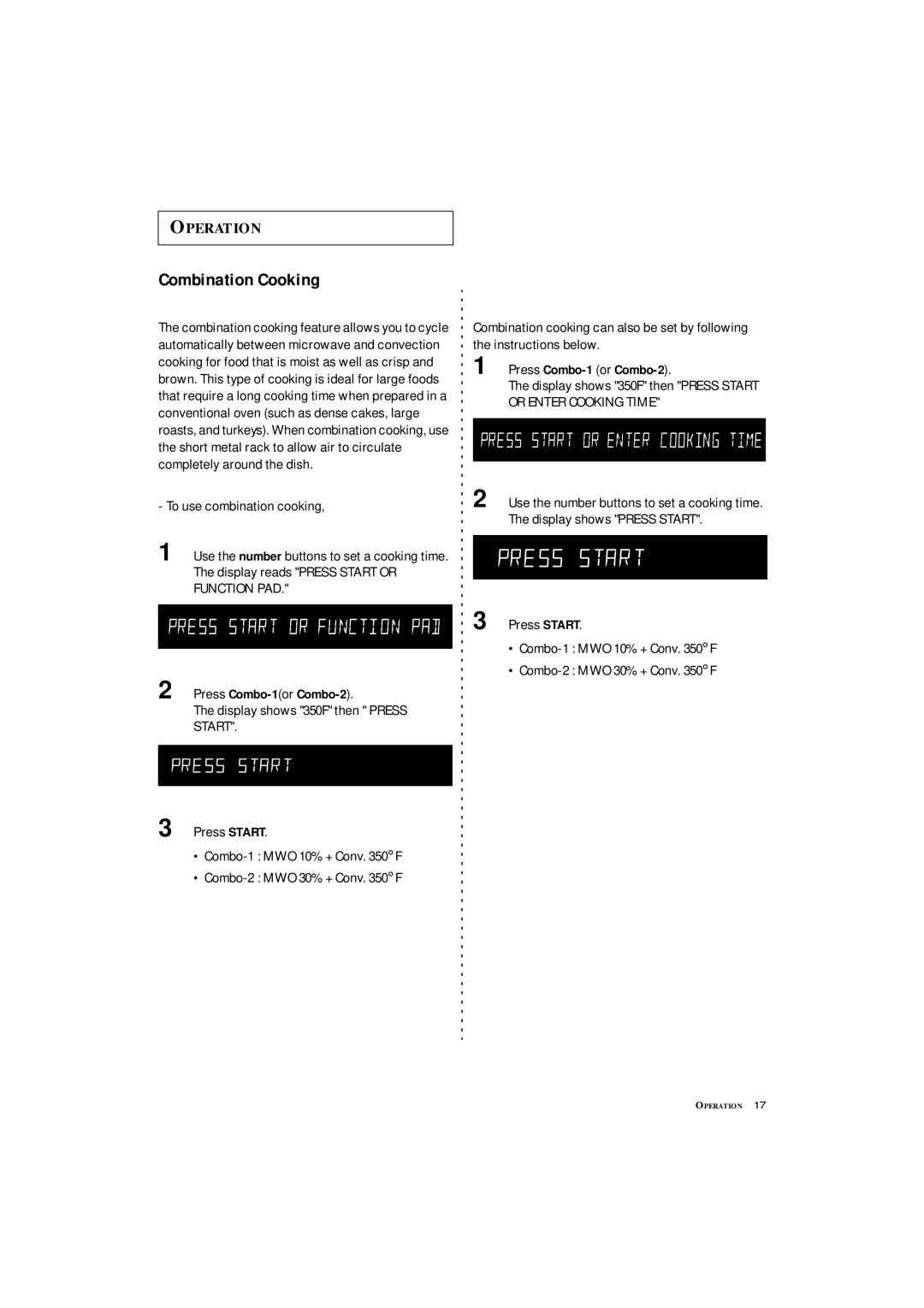 Samsung MC1360WA manual Combination Cooking, Press Combo-1 or Combo-2, Function PAD, Press Combo-1orCombo-2, Start 