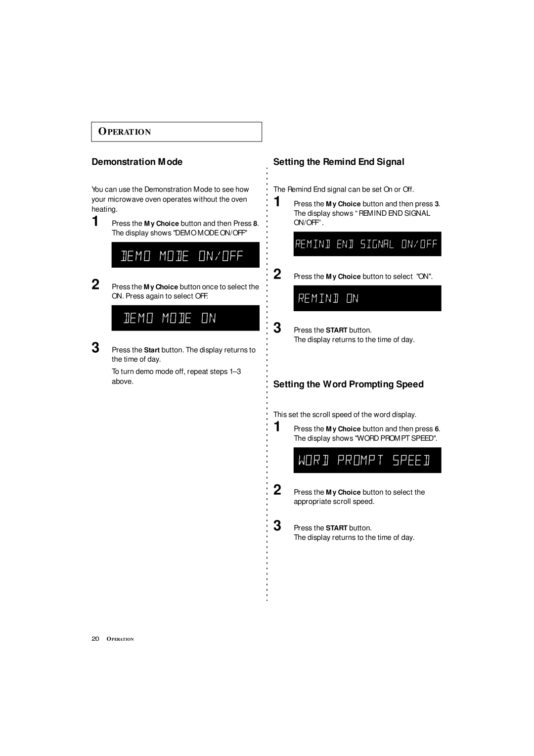 Samsung MC1360WA manual Demonstration Mode, Setting the Remind End Signal, Setting the Word Prompting Speed 