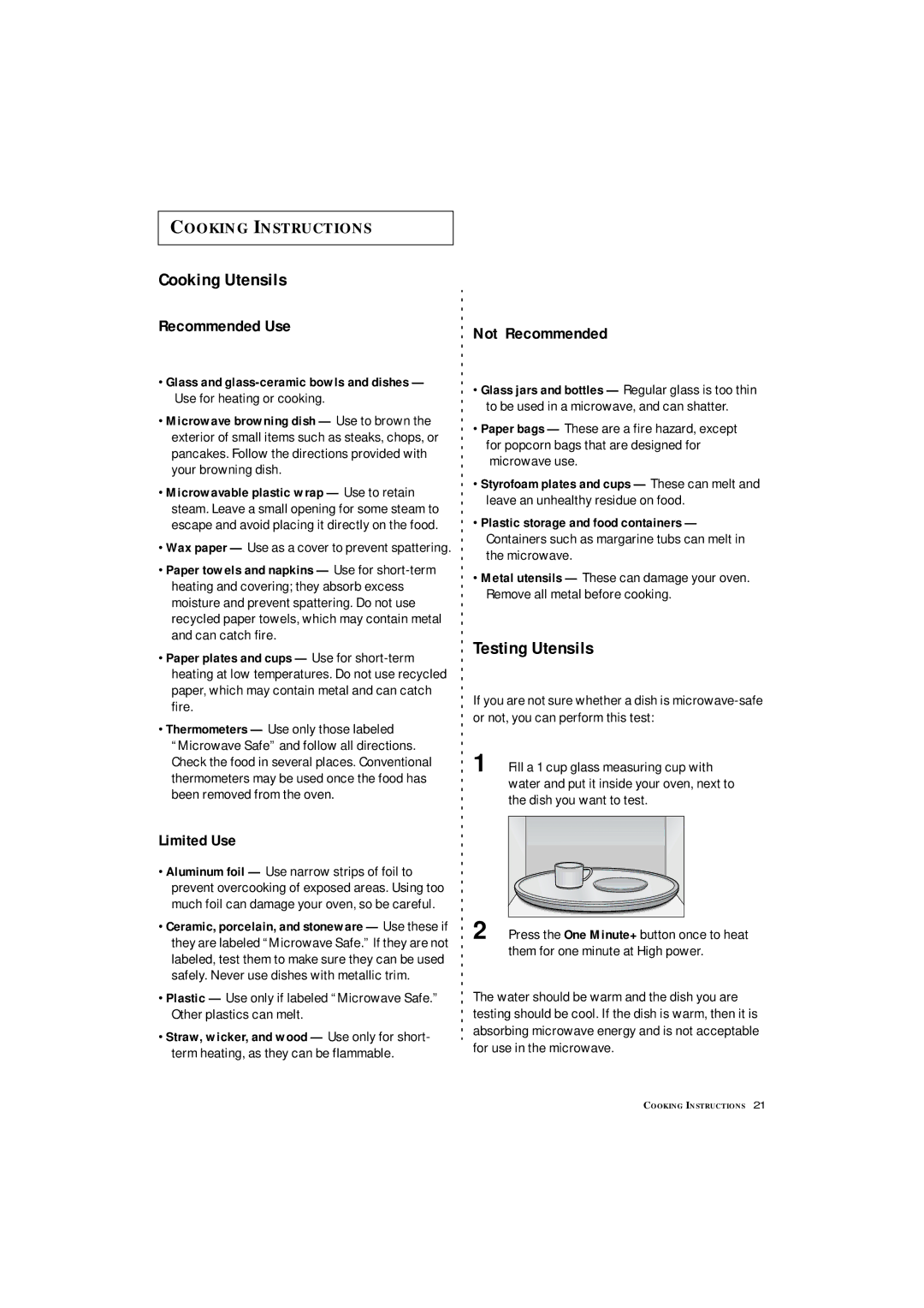 Samsung MC1360WA manual Cooking Utensils, Testing Utensils, Recommended Use, Not Recommended 