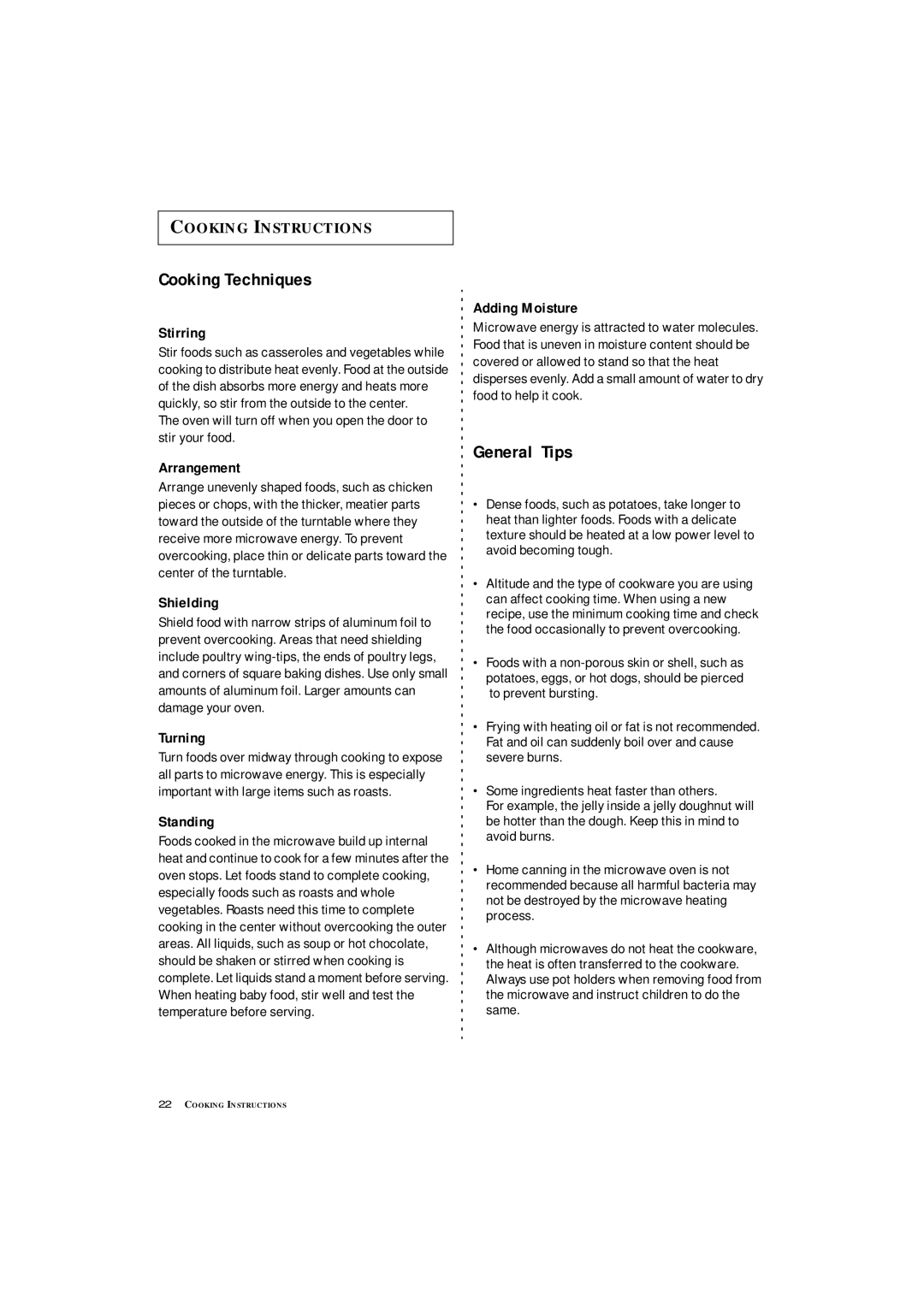 Samsung MC1360WA manual Cooking Techniques, General Tips 