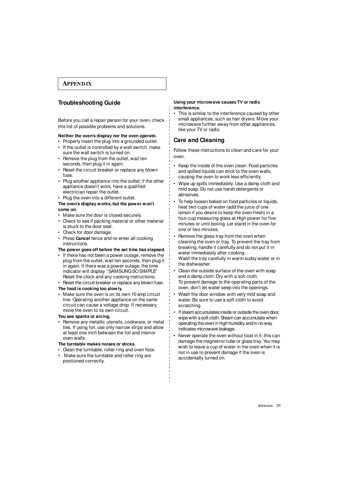 Samsung MC1360WA manual Troubleshooting Guide, Care and Cleaning 