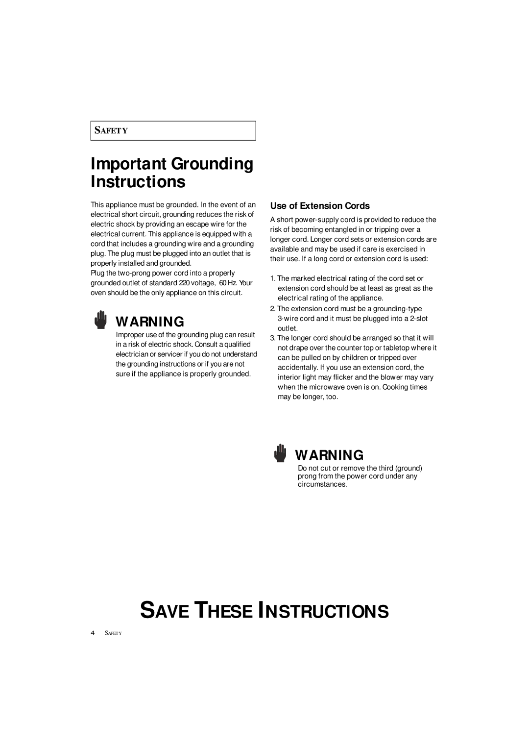 Samsung MC1360WA manual Important Grounding Instructions, Use of Extension Cords 