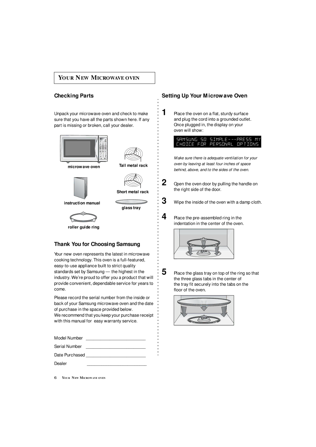 Samsung MC1360WA manual Checking Parts, Thank You for Choosing Samsung, Setting Up Your Microwave Oven, Microwave oven 