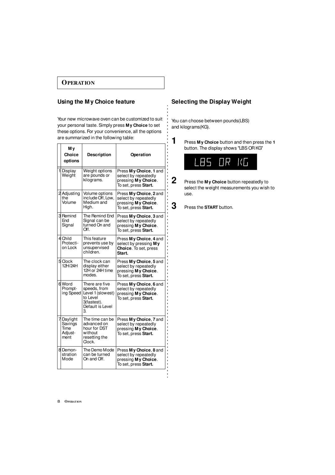 Samsung MC1360WA manual Using the My Choice feature, Selecting the Display Weight, Description Operation, Start 