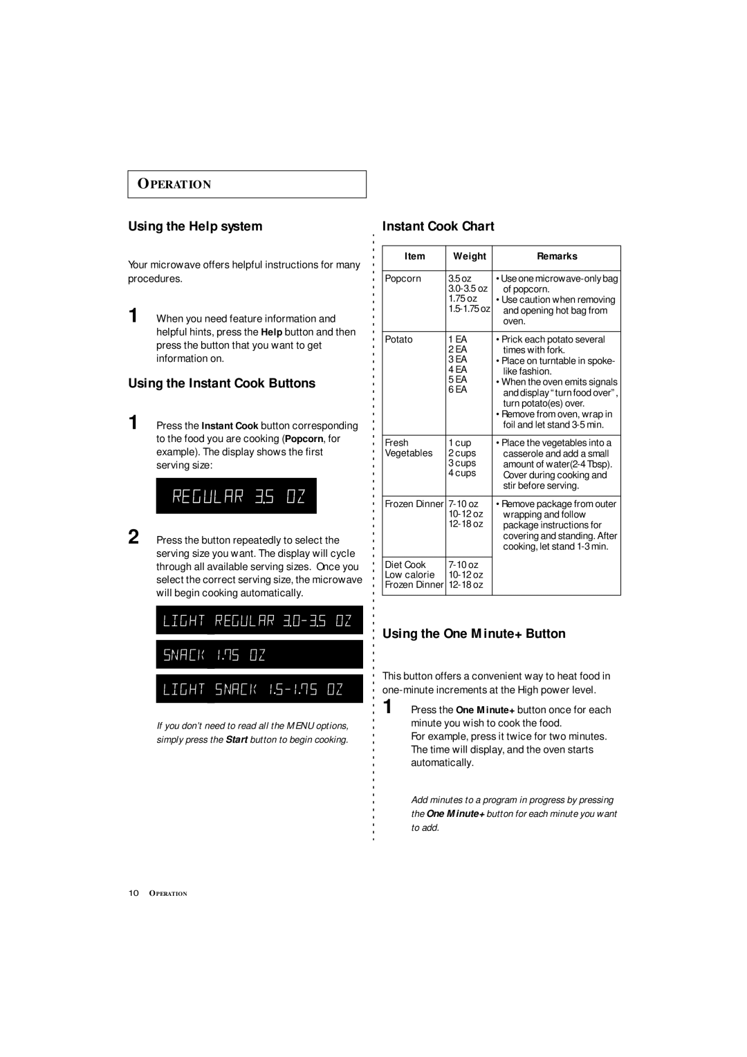 Samsung MC1360WA Using the Help system, Using the Instant Cook Buttons, Instant Cook Chart, Using the One Minute+ Button 