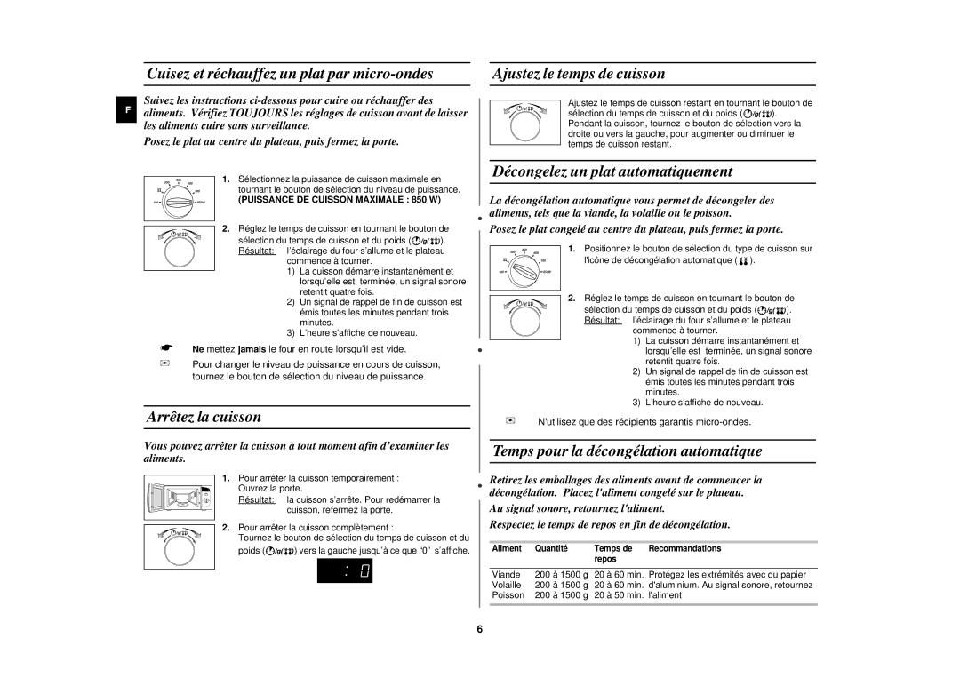 Samsung MC182DN/XEF manual Arrêtez la cuisson, Décongelez un plat automatiquement, Temps pour la décongélation automatique 