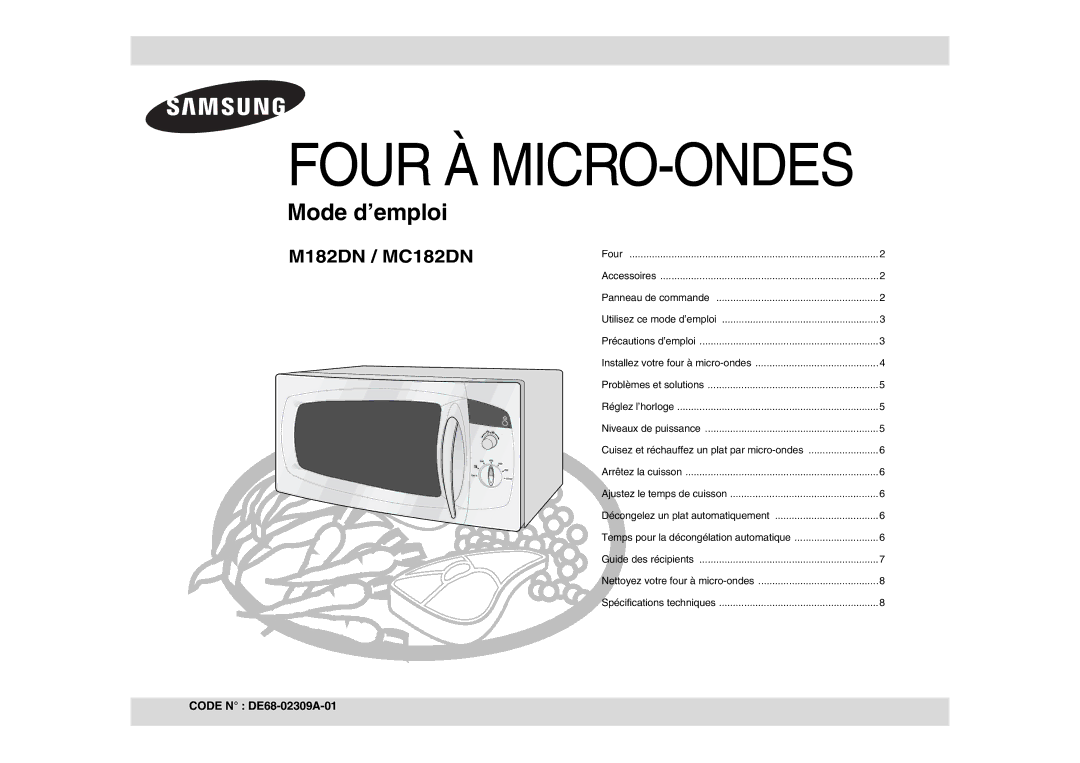 Samsung MC182DN-X/XEF, MC182DN/XEF manual Panneau de commande, Cuisez et réchauffez un plat par micro-ondes 