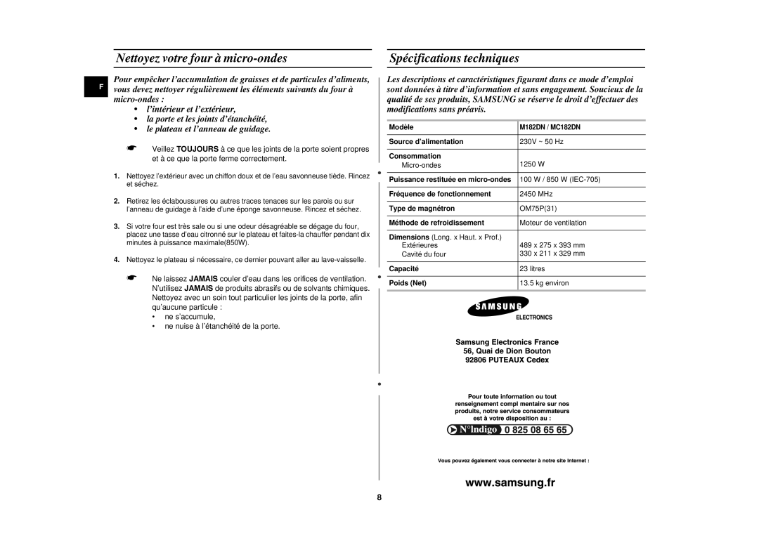 Samsung MC182DN/XEF, MC182DN-X/XEF manual Nettoyez votre four à micro-ondes Spécifications techniques 