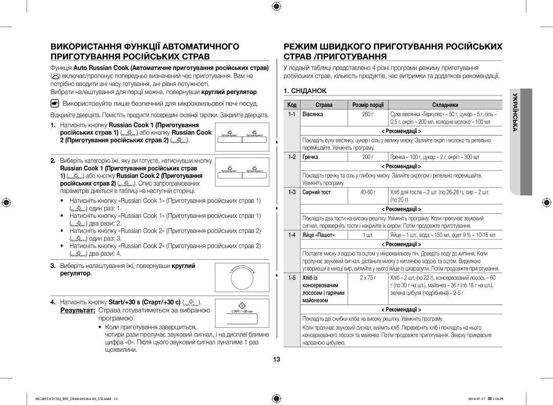 Samsung MC285TATCSQ/BW manual Режим Швидкого Приготування Російських Страв /ПРИГОТУВАННЯ, Сніданок 