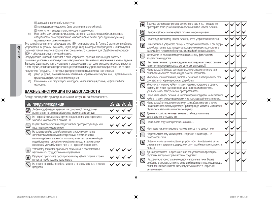 Samsung MC285TATCSQ/BW manual Важные Инструкции ПО Безопасности, Предупреждение 