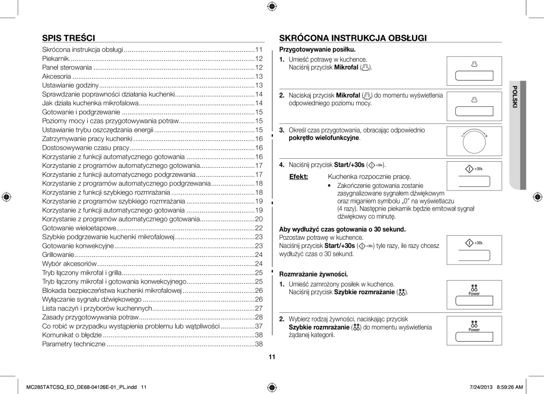 Samsung MC285TATCSQ/EO manual Spis Treści, Skrócona Instrukcja Obsługi, Przygotowywanie posiłku, Rozmrażanie żywności 