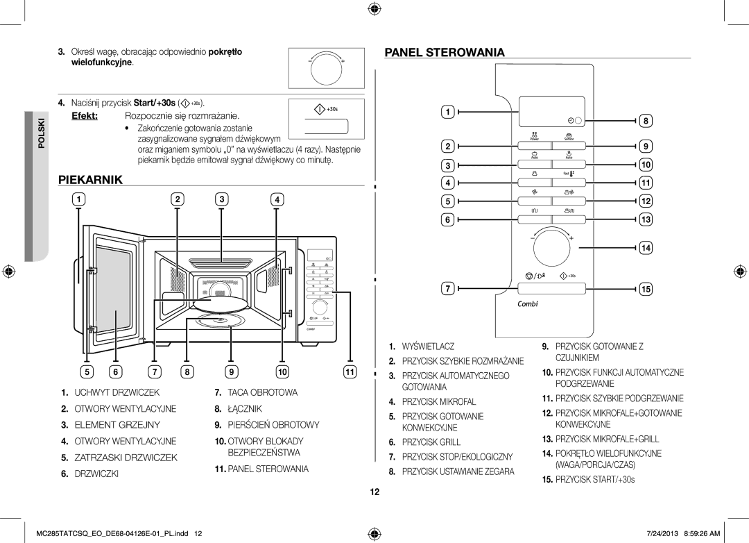 Samsung MC285TATCSQ/EO manual Piekarnik, Panel Sterowania, Określ wagę, obracając odpowiednio pokrętło, Wielofunkcyjne 