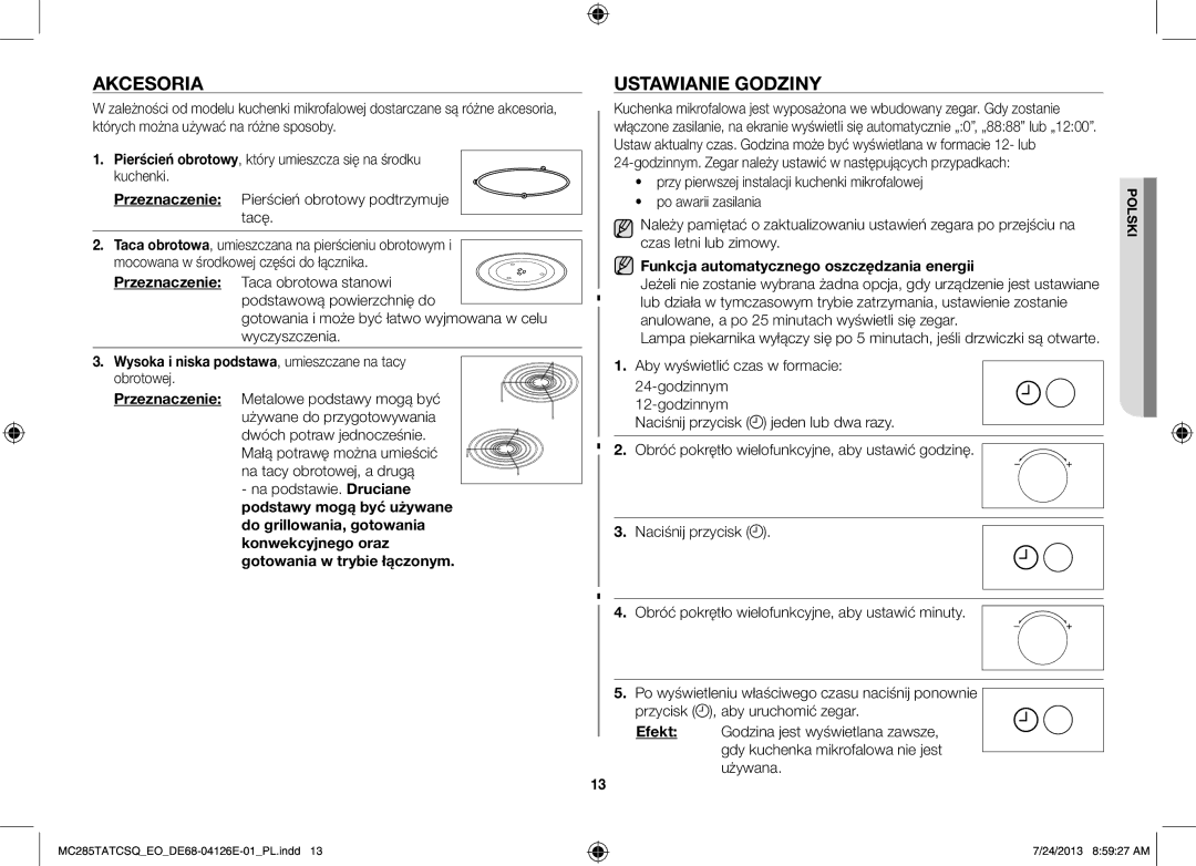 Samsung MC285TATCSQ/EO manual Akcesoria, Ustawianie Godziny, Gotowania i może być łatwo wyjmowana w celu wyczyszczenia 