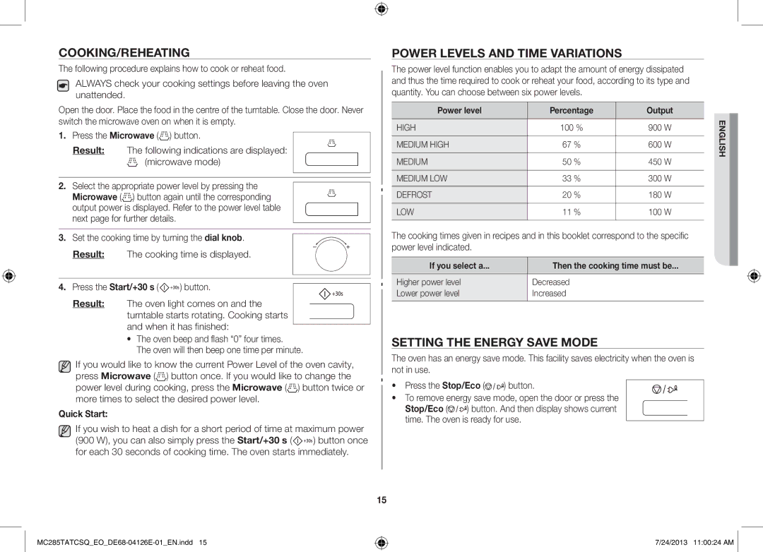 Samsung MC285TATCSQ/EO Cooking/Reheating, Power Levels and Time Variations, Setting the Energy Save Mode, Quick Start 