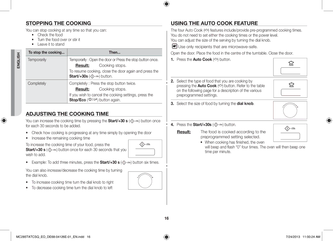 Samsung MC285TATCSQ/EO manual Stopping the Cooking, Adjusting the Cooking Time, Using the Auto Cook Feature, Stop/Eco 