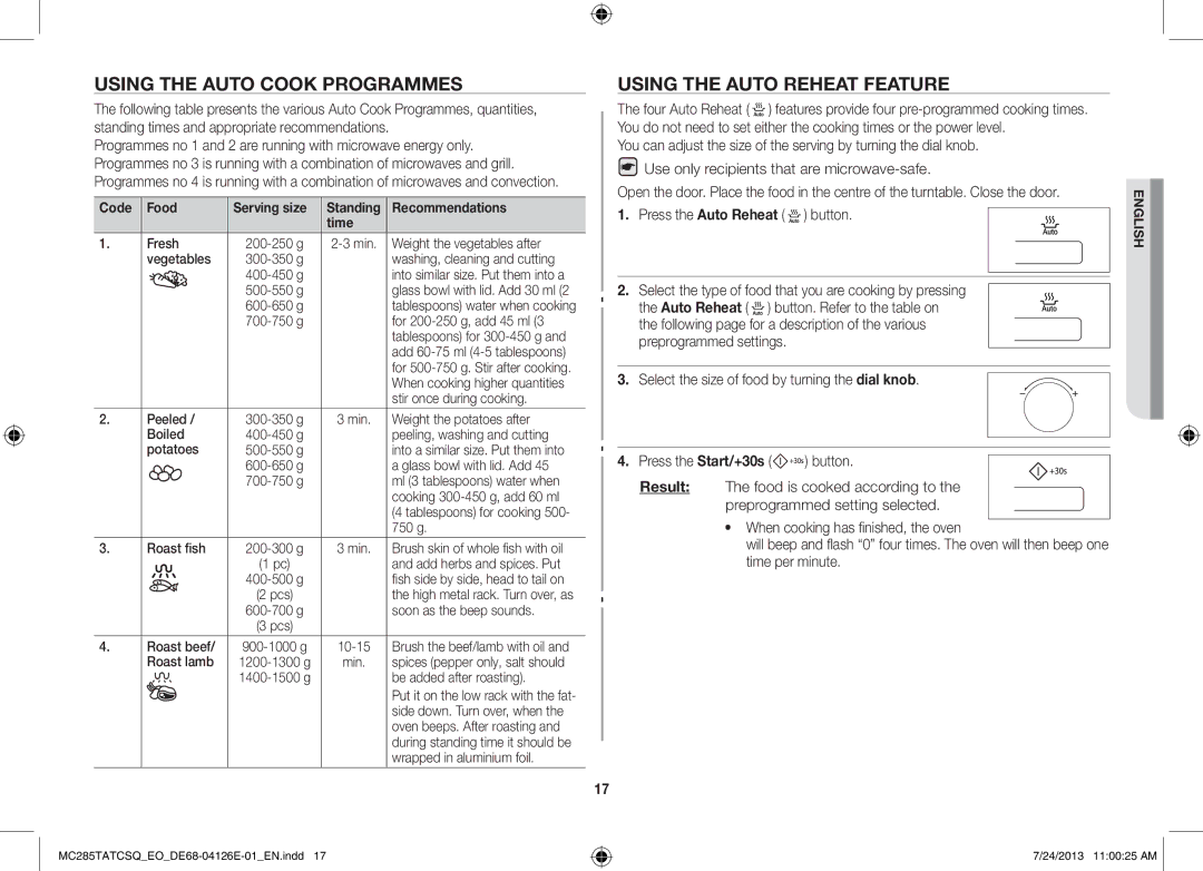 Samsung MC285TATCSQ/EO manual Using the Auto Cook Programmes, Using the Auto Reheat Feature, Code Food Serving size, Time 