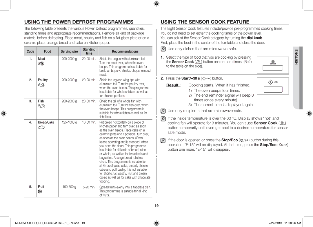 Samsung MC285TATCSQ/EO manual Using the Power Defrost Programmes, Using the Sensor Cook Feature, Code Food 