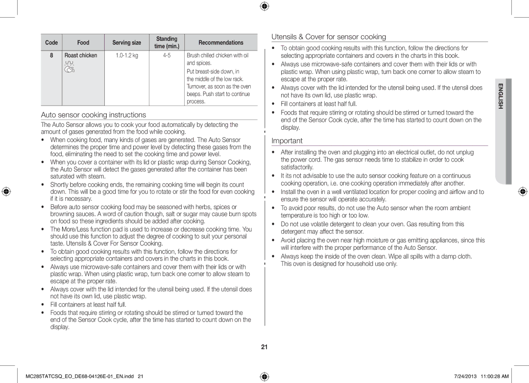 Samsung MC285TATCSQ/EO manual Roast chicken, Spices 