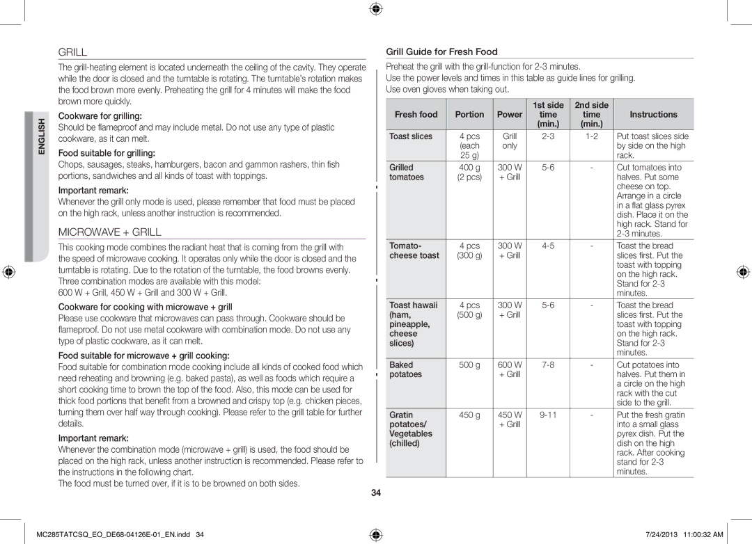 Samsung MC285TATCSQ/EO manual Microwave + Grill, Important remark, 1st side 2nd side Fresh food 